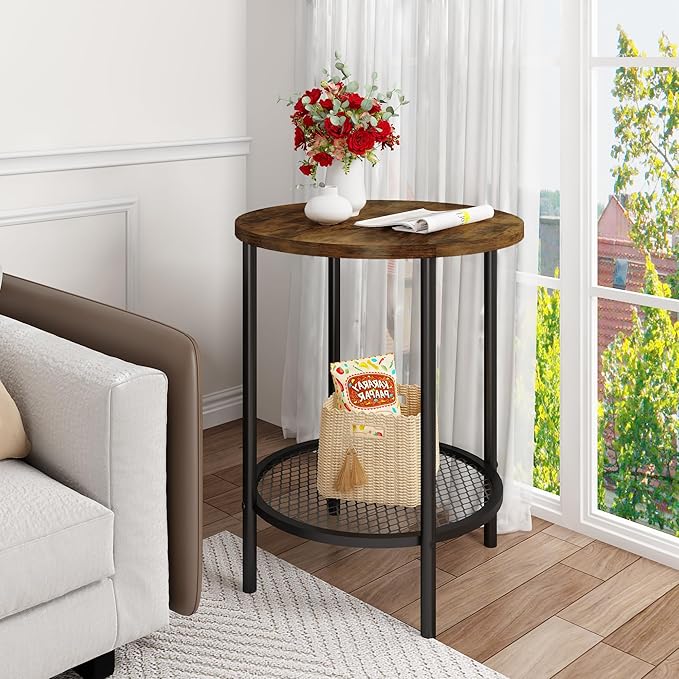 DKLGG 3-Piece Coffee Table and End Table Sets for Living Room, Round Coffee and End Table Set of 3 with Large Storage, Modern Farmhouse Furniture for Apartment Home (Rustic Brown)