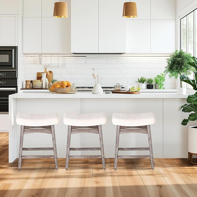 MAISON ARTS Counter Height Bar Stools Set of 4 for Kitchen Counter Solid Wood Legs with Fabric Saddle Seat Farmhouse Barstools for 34"-38" Counter Island Upholstered Stools, 24in, Creamy White