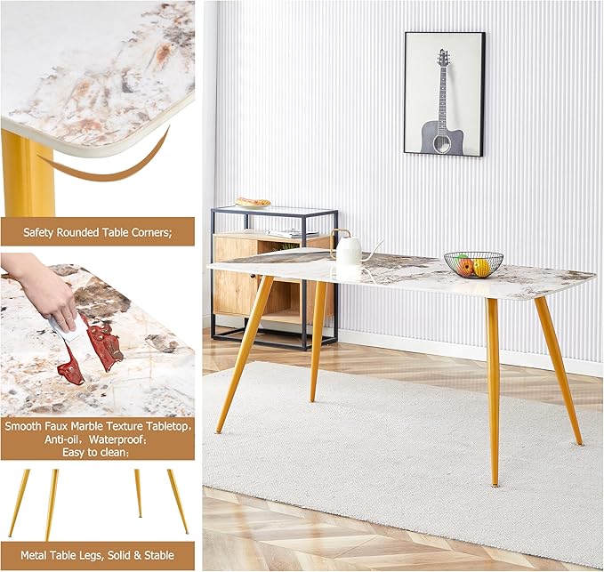 62" Marble Dining Room Table Set for 6 Rectangle Modern Dinner Table with Sintered Stone Top Golden Metal Legs Kitchen Table Chair Set for Dining Room (62" Golden+6Black Chairs)