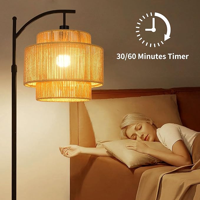 Rattan Floor Lamp for Living Room Bedroom Boho Arc Standing Lamp with Remote Dimmable Black Farmhouse Wicker Bamboo Lamp Shade Floor Light Tall Lamp Industrial Floor Lamps Bohemian Decor