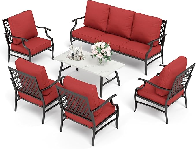 HERA'S HOUSE 6 Piece Patio Furniture Set, 4 x Fixed Metal Cushioned Chair, 1 x 3-Seat Sofa with Marbling Coffee Table, Outdoor Conversation Set for Lawn Garden Backyard, Red
