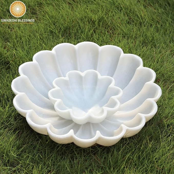 SWADESHI BLESSINGS HandCrafted Marble Decorative Bowl | White Ruffle Scalloped Fluted Key/Fruit Ring Dish | Organic Modern Home Decor (12 Inches)