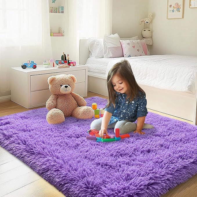 3x5 Area Rug for Bedroom, Purple Rugs for Living Room Nursery Kids Room Dorm Home Decor Aesthetic, Fluffy Shaggy Rug with 4 Anti-Slip Carpet Tapes