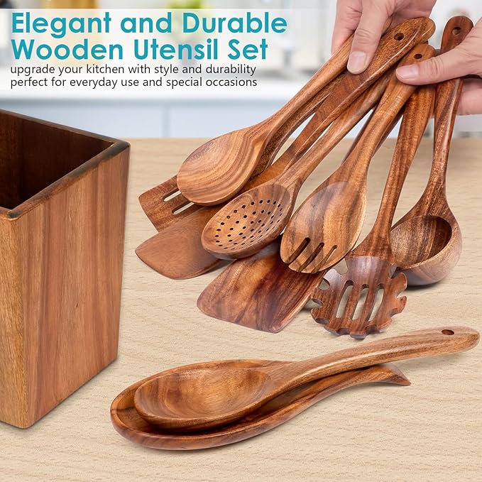 Wooden Cooking Utensils Set for Kitchen – 11-Piece Acacia Wood Spoons and Spatulas with Holder and Spoon Rest, Durable Wooden Spoons for Cooking, Nonstick Cookware Safe by Howhong