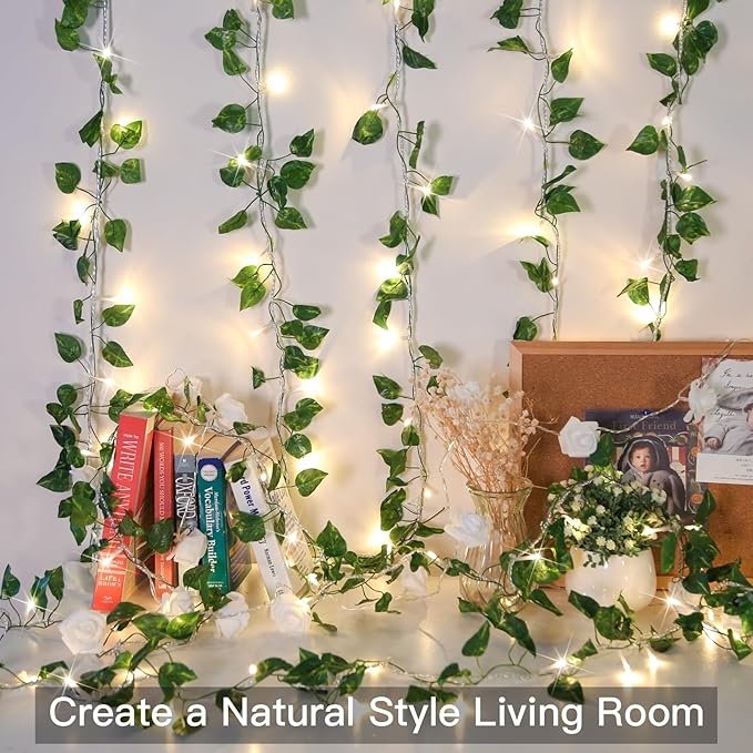 suddus Vine with Fairy Light Plug in, 33ft 100 LED Pothos String Lights Connectable with Remote, Leaf Lights for Bedroom, Room, Wall, Garden, Party, Wedding Decor (Warm White)
