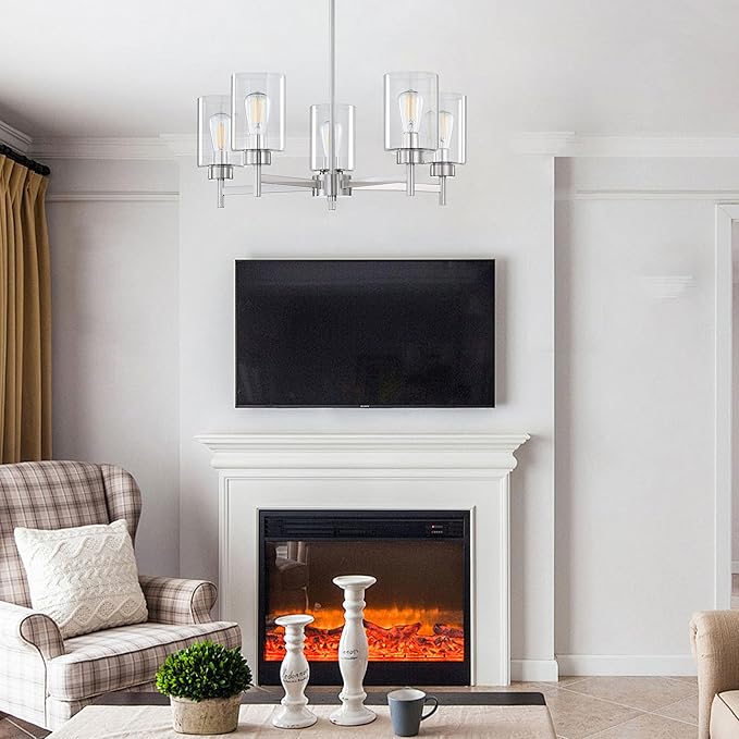 Doraimi Lighting 5 Light Chandelier Clear Glass Shades Classic Style Ceiling Pendant Light Fixture Brushed Nickel Finish for Meeting Room Dining Room Over Table Living Room