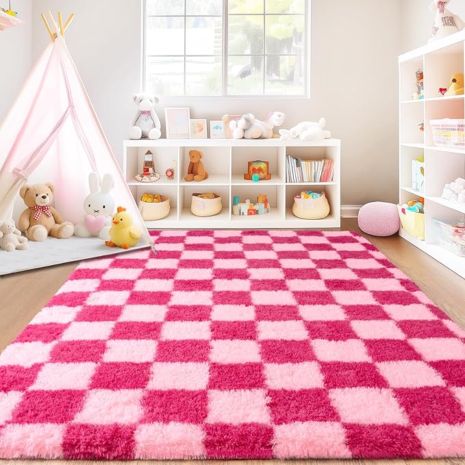 Checkered Rug for Living Room 8x10, Ultra Fluffy Fuzzy Shag Large Area Rug for Bedroom, Modern Plush Soft Upgrade Non-Slip Carpet for Kids and Girls Room Dorm Home Decor, Pink and Hot Pink