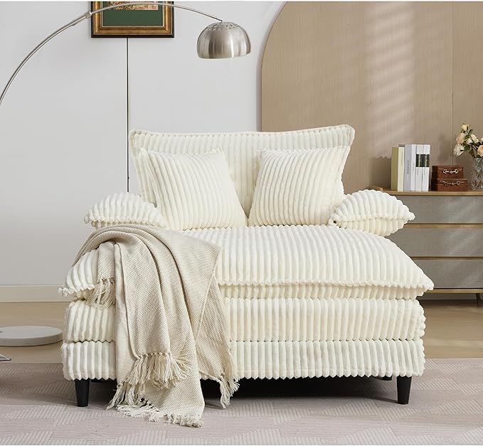 55" W Oversized Chaise Lounge Sofa Couch with 5-Position Adjustable Backrest, Corduroy Sleeper Sofa Bed, Reading Chair with Deep Seat, Cloud Couches for Living Room, Beige