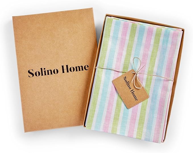 Solino Home Linen Napkins Set of 4-100% Pure Linen Multicolor Palm Beach Stripe Cloth Dinner Napkins 20 x 20 Inch - Handcrafted and Machine Washable