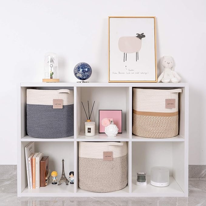 voten Storage Cubes 13x13’’ for Cube Shelves Organzier,Cotton Rope Storage Bin,Cube Storage Bin 13x13’’ for Closet,Toys,Multipurpose Woven Storage Basket for Organizing 3Pack Round Off White/Dark Gray