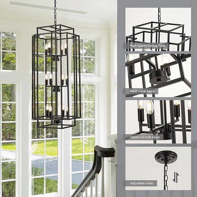 12-Light Lantern Tiered Pendant Light Fixtures, Black Metal Farmhouse Chandelier Hall Foyer Hanging Chandelier for Kitchen Island Dining Room Living Room Foyer Entryway, Black