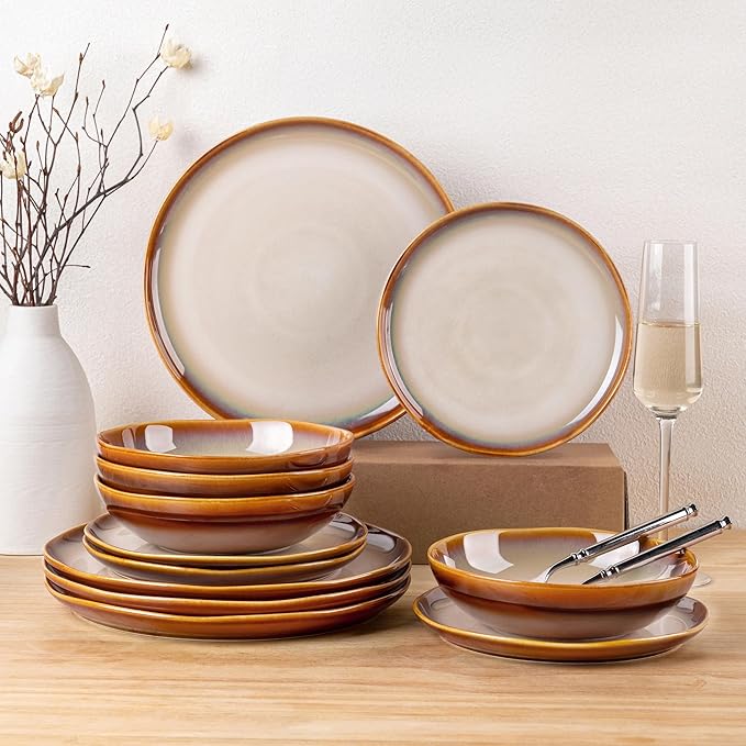 LeRatio Ceramic Dinnerware Sets for 4,Wavy Reactive Glaze Stoneware Plates and Bowls Sets,Highly Scratch Resistant | Dishwasher & Microwave,Oven Safe Dishes Set(12PCS)