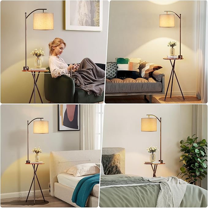 ROTTOGOON Floor Lamp with Table, End Table Lamp with Remote Control and Charging Station(USB & Type-C & AC Port), 4 Color Temperatures, Floor Lamps for Living Room, Bedroom and Home Office,Brown