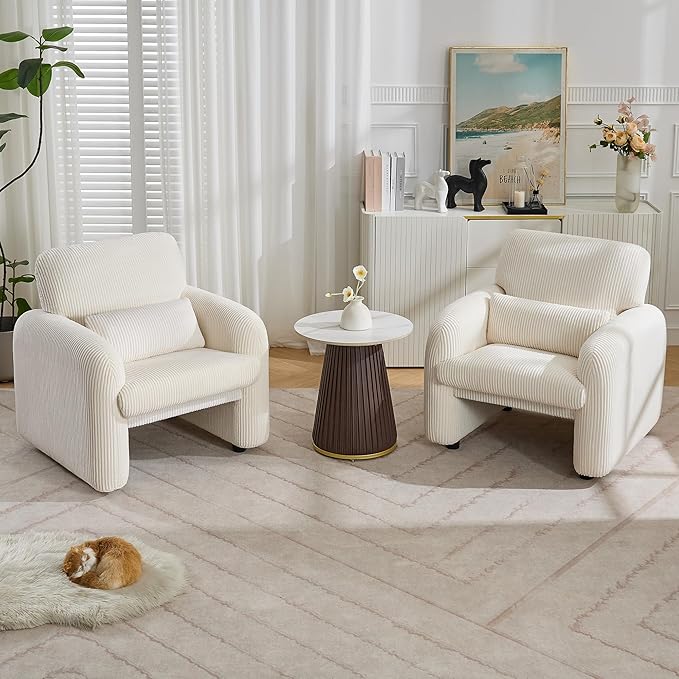 Corduroy Fabric Accent Chair, Modern Upholstered Living Room Chairs with Lumbar Pillow, Wide Comfy Leisure Armchair for Bedroom, Office, Reading, White
