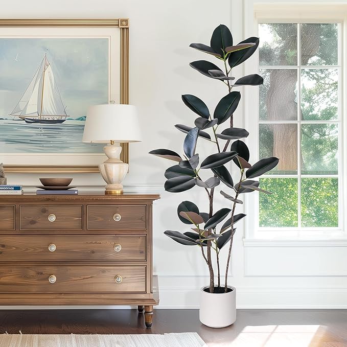 Artificial Rubber Tree - 6 FT Tall Fake Tree with Pot - Large Artificial Plants Indoor, Lifelike Branches & Foliage - Faux Plants Indoor for Home Office Living Room Floor Patio Greening