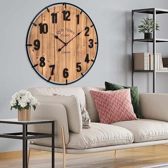30 Inch Farmhouse Wall Clock Large Old Town Vintage Rustic Wooden Clock with Metal Rim and Large Numerals, Silent Battery-Operated for Office, Kitchen, Bedroom, and Living Room