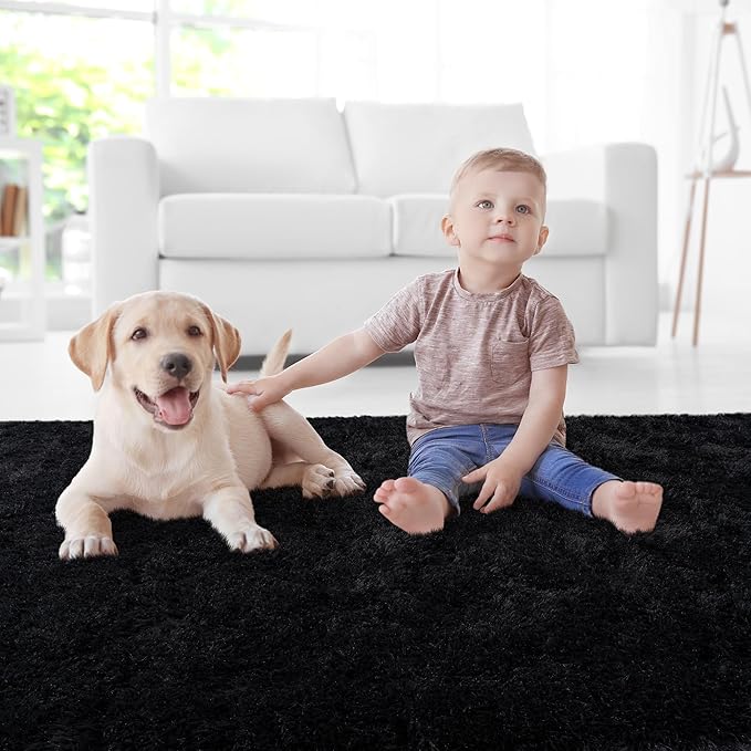 Black Area Rugs for Living Room, 5x7 Fluffy Shaggy Rug Soft Carpets, Rugs for Bedroom Nursery Kids Room Dorm Home Decor Aesthetic