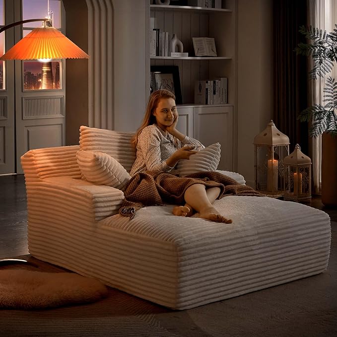 GNIXUU Oversized Chaise Lounge Chair Indoor, Comfy Corduroy Boneless Couch Reading Chair with 3 Pillows, Plush Memory Foam Sleeper Chair Lounge Sofa Bed for Living Room, Beige, No Assembly Required