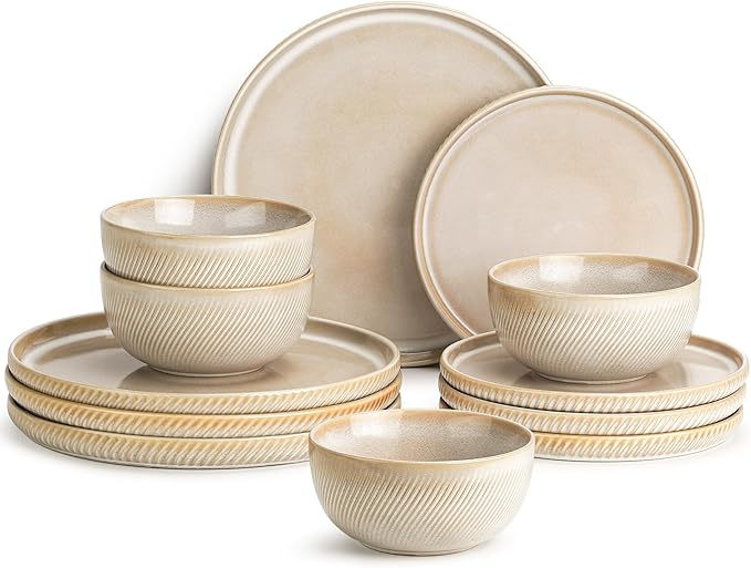 Stoneware Dinnerware Sets for 4, 12-Piece Scratch Resistant Plates and Bowls Set, Dishwasher and Microwave Safe Ceramic Dishes Set, Ribbed, Sculpted Dune