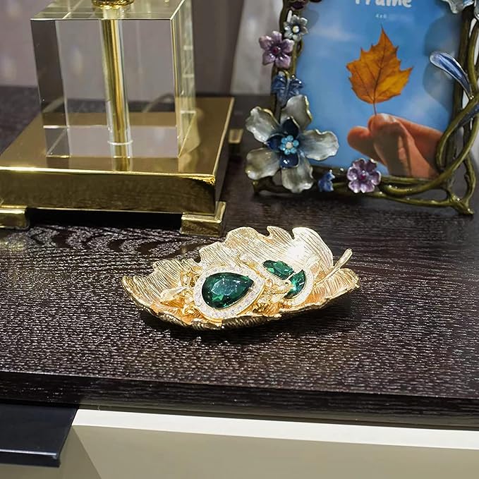 Metal Jewelry Dish, Small Leaf Shaped Ring Holder Jewelry Organizer, Trinket Dish Vanity Tray for Dresser Christmas Birthday Wedding Gifts Elm Leaves-Gold