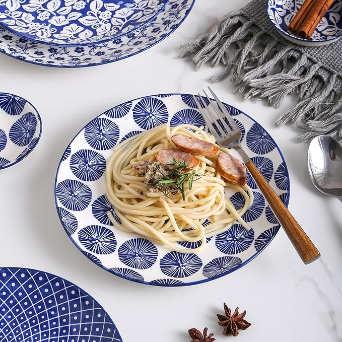 Selamica Ceramic Dinnerware Sets, 16 Pieces Dishes Set for 4, Highly Chip and Crack Resistant Plates and Bowls Sets, Dishwasher & Microwave Safe, Vintage Blue