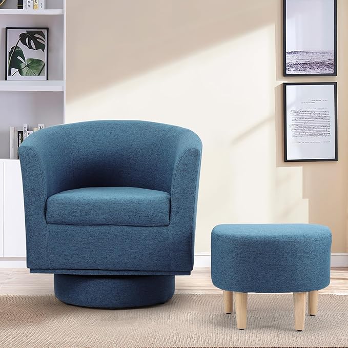 DAZONE Swivel Accent Chair, Modern Barrel Chair with Ottoman, Comfy Swivel Armchair Living Room Chairs 360 Degree Upholstered Round Club Tub Chairs for Bedroom Reading Room, Blue