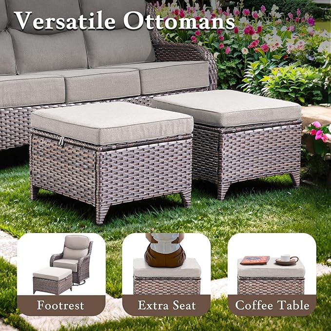 Luxury High Back Outdoor Furniture with 6-inch Extra Thick Cushions, Patio Furniture Set with Swivel Chairs, 7 PCS Wicker Conversation Set for Yard, Deck, Poolside, Brown/Beige