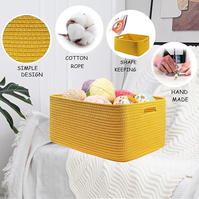 COMFY-HOMI 3 pcs Large Storage Baskets for Shelves, Laundry Basket, Woven Rope Basket, Closet Organizer Bins for Clothes Blanket Towels, Baby Nursery, Gift Toy Baskets, 17” x 13” x 7.5”-yellow