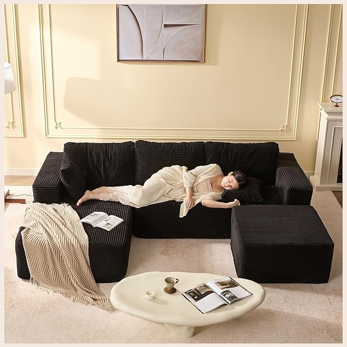 107" Boneless Couch with Deep Seat, Modular Sectional Sofa, Cloud Sectional Couch for Living Room, No Assembly Required, Corduroy, U-Shape 3 Seater Left, Black
