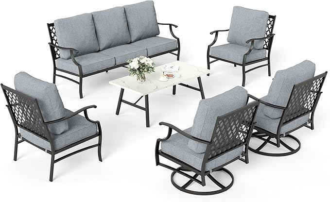 6 Piece Metal Outdoor Patio Furniture Set, Patio Conversation Sets 1 3-Seater Sofa, 2 Swivel Chair, 2 Leg Chair with 5.75" Thick Cushion and Coffee Table, Backyard Furniture Set, Gray