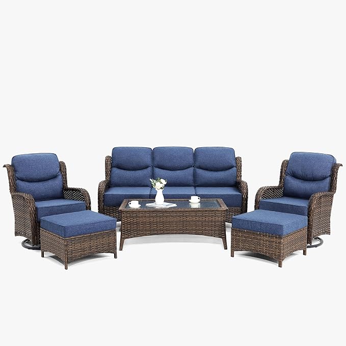 HILLGA Luxury High Back Patio Furniture Set with 6-Inch Thick Cushion, 6-Piece Outdoor Conversation Set with Sofa, Swivel Rocker Chairs & Ottomans, Ideal for Porch Pool Deck Yard (Blue)