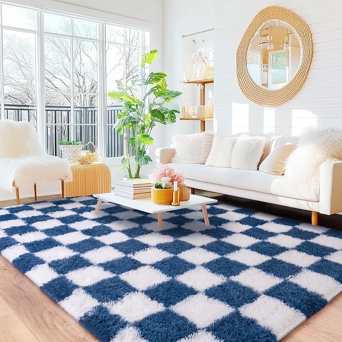 Checkered Rug for Living Room 8x10, Ultra Fluffy Fuzzy Shag Large Area Rug for Bedroom, Modern Plush Soft Upgrade Non-Slip Carpet for Kids Girls and Boys Room Dorm Home Decor, Navy and White