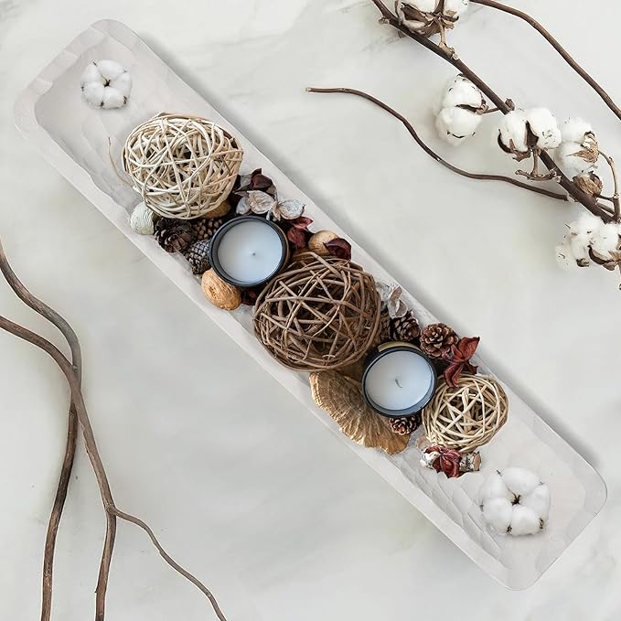 Oakrain 30 inches Large Decorative Bowl for Home Decor, White Dough Bowl with Hand Carved Irregular Texture, Unique Table Centerpieces, Wooden Home Decor Accents for Farmhouse Boho Rustic Style