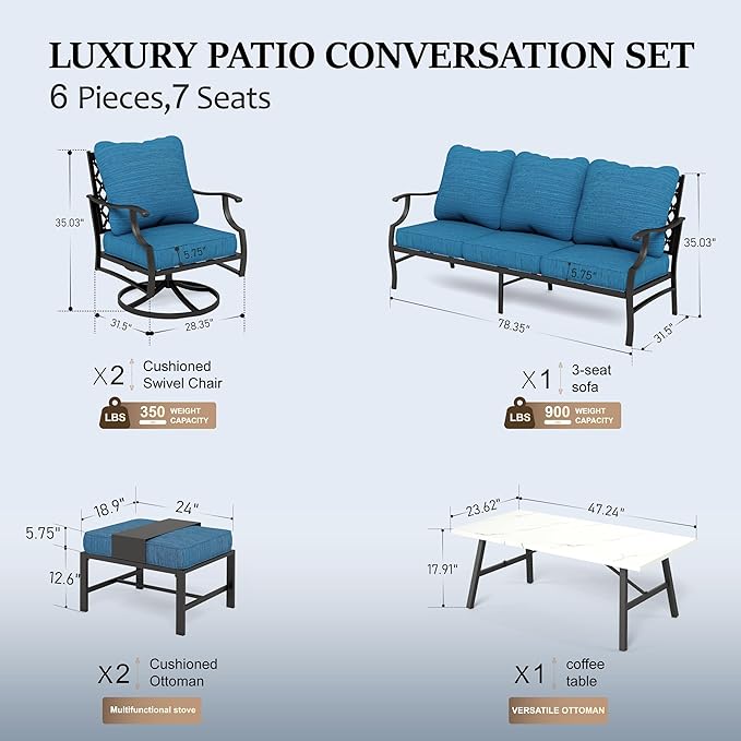 HERA'S HOUSE 6 Piece Patio Furniture Set, 2 x Swivel Cushioned Chair, 2 x Cushioned Ottoman, 1 x 3-Seat Sofa with Marbling Coffee Table, Outdoor Conversation Set for Lawn Garden Backyard, Pacific Blue