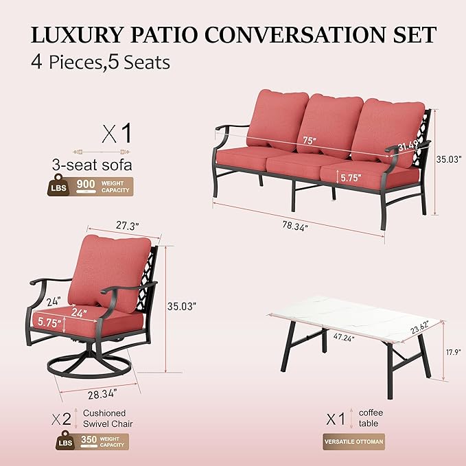 HERA'S HOUSE 4 Piece Patio Furniture Set, 2 x Swivel Cushioned Chair, 3-Seat Sofa with Marbling Coffee Table, All Weather Outdoor Conversation Set for Lawn Garden Backyard, Red