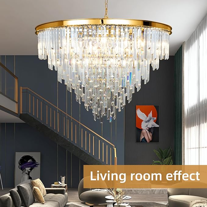 Gold Top K9 Crystal Chandelier Modern Lighting Fixture, 24 Lights Round K9 Crystal Adjustable Hanging Lamp for Dining Room Bedroom Living Room,Hallway,Bar,Kitchen W39''