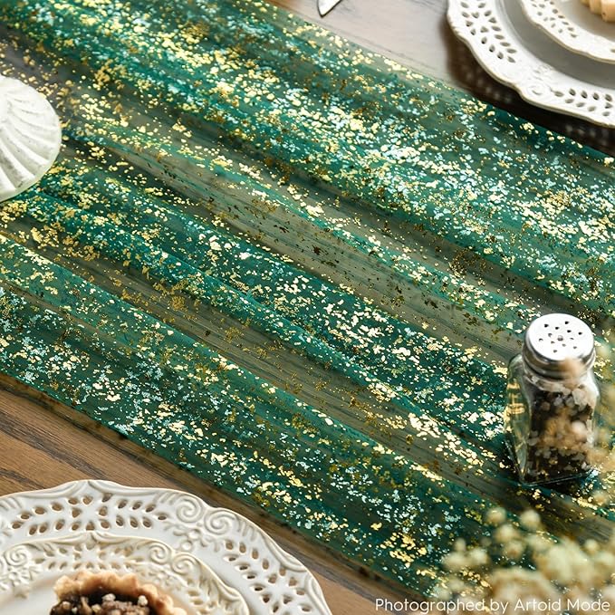 Artoid Mode Green Gold Gauze Table Runner 120 Inch 10FT, Glitter Metallic Foil Sheer Dining Wedding Anniversary Holiday Table Decor for Home Party