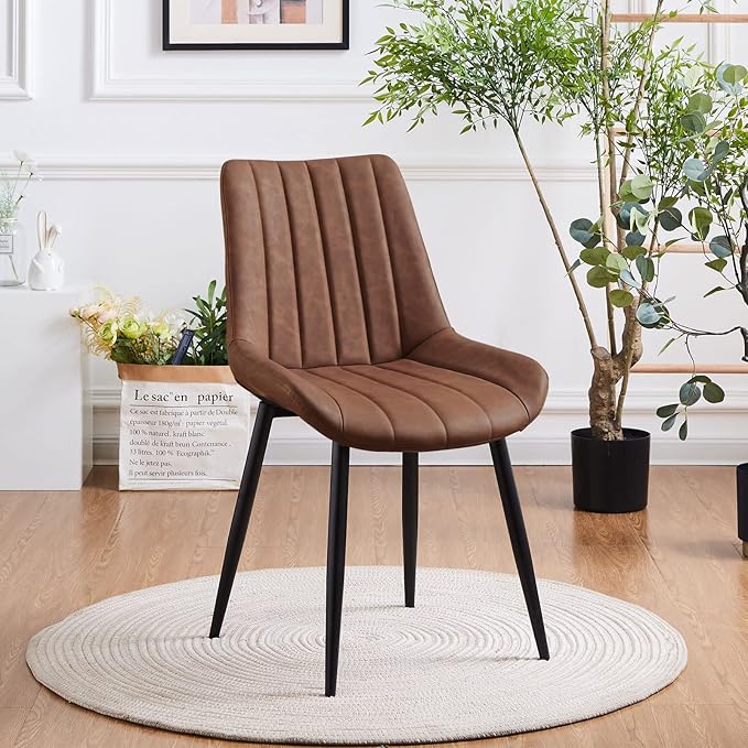 TUKAILAi Faux Leather Dining Chairs Set of 6, Modern Linear Design Kitchen Chairs with Upholstered Seat and Metal Legs, Comfortable Side Chairs for Dining Room Restaurant Commercial (Brown)