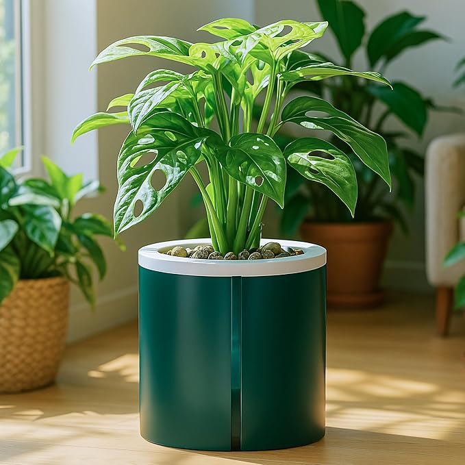 D'vine Dev 6 Inch Design Self Watering Planter for Indoor Plants, White Terracotta Pot with Teal Cylinder Glass Cup, Set of 2, 37-Y-B-5