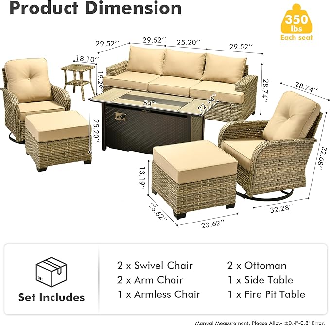 HOOOWOOO Outdoor Sectional Patio Furniture Set with Fire Pit Table,9 Pieces Wicker Conversation Sets,Extra Deep Out Door Sofa Outside Furniture Couch Swivel Chairs Ottoman,Beige