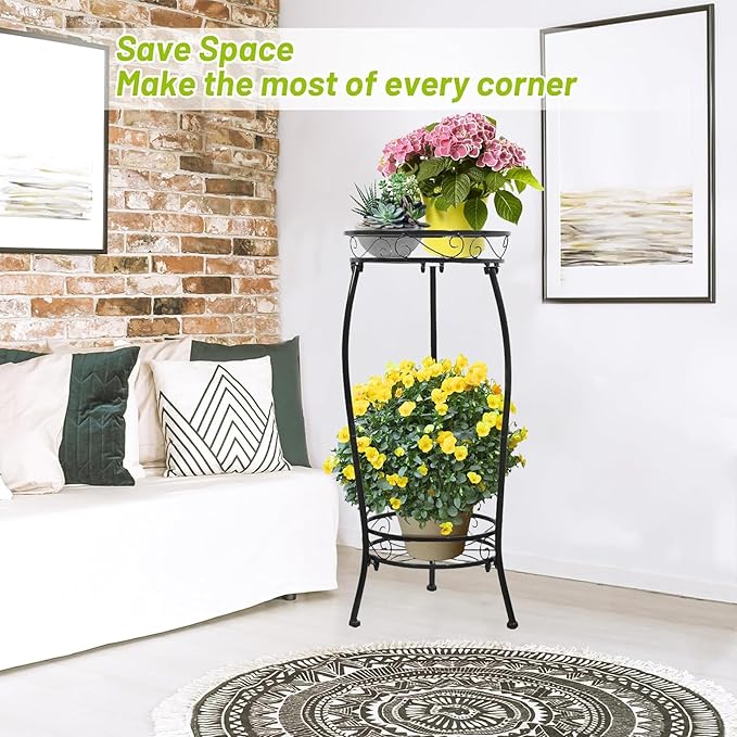 Plant Stand Indoor Outdoor 2 Tier 26.77" Tall Metal Potted Holder Rack Flower Pot Stand Heavy Duty Plant Shelf Rustproof Iron Multiple Plant Round Supports Rack Garden Balcony Patio Plants