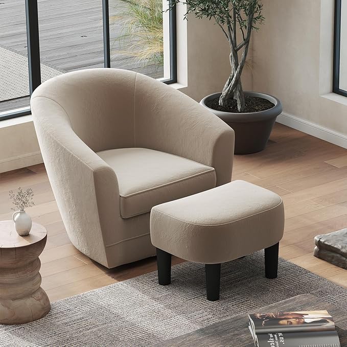 INZOY Swivel Accent Chair with Ottoman for Small Space, 360 Degree Club Chair with Ottoman Set, Comfy Fabric Barrel Reading Chairs for Living Room Bedroom, Beige