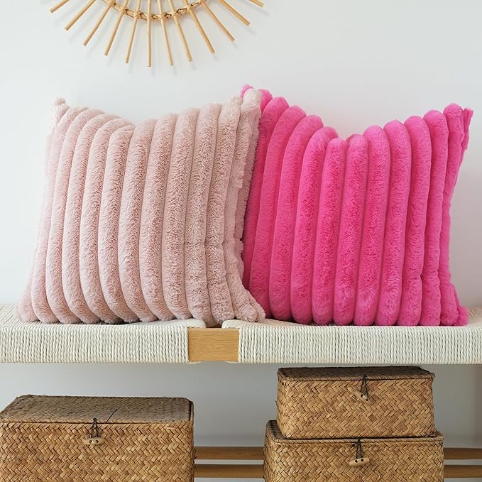 JOJUSIS Pack of 2 Faux Fur Plush Decorative Throw Pillow Covers Couch Cushion Case Soft Pillowcases (Pink, 16 x 16-Inch)