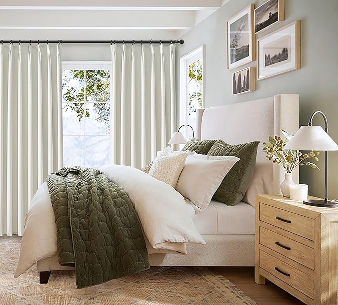 Elegant Curtains for Living Room 102 Inch Long, Linen Pinch Pleated 100% Blackout Viral Window Curtains with Hooks for Bedroom Thermal Pleated Drapes for Nursery Beige White(40" Wx102 Lx2 Panels)