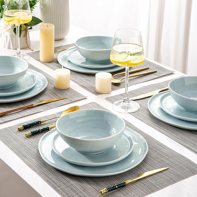 LERATIO Ceramic Dinnerware Sets for 4,Porcelain Plates and Bowls Sets with Wavy Edge,Microwave & Dishwasher & Oven Safe,Light Weight & Scratch Resistant Dishes Sets-Service for 4 (12pcs)-Light Blue