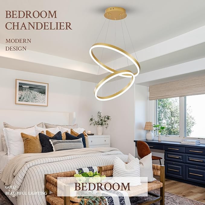 Modern LED Chandelier Gold 2-Rings Pendant Light Circular Flush Mount Ceiling Chandelier Lighting with Remote Control for Bedroom Living Room Dining Room Entrance, 3000K-6500K