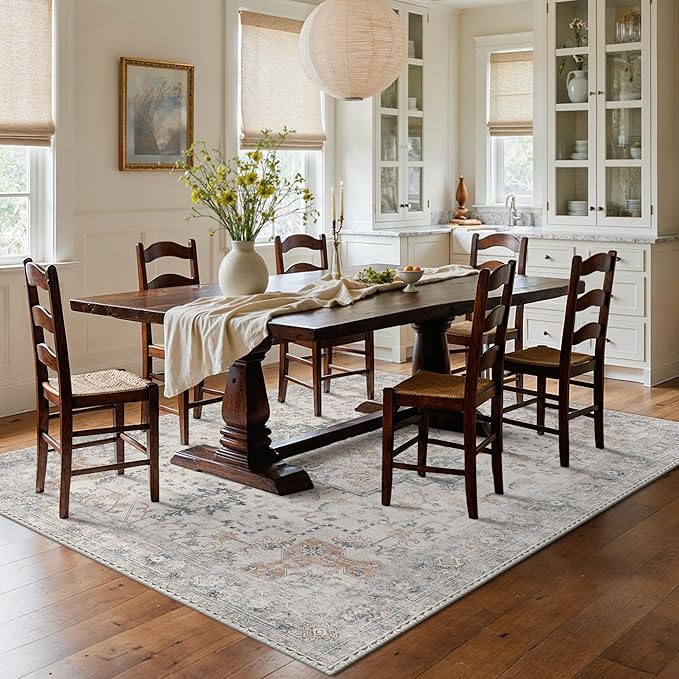 GENIMO 5x8 Area Rugs for Living Room, Machine Washable Low Pile Rugs, Chenille Non Alip Vintage Rug for Bedroom, Dining Room, Home Office, Light Taupe Brown