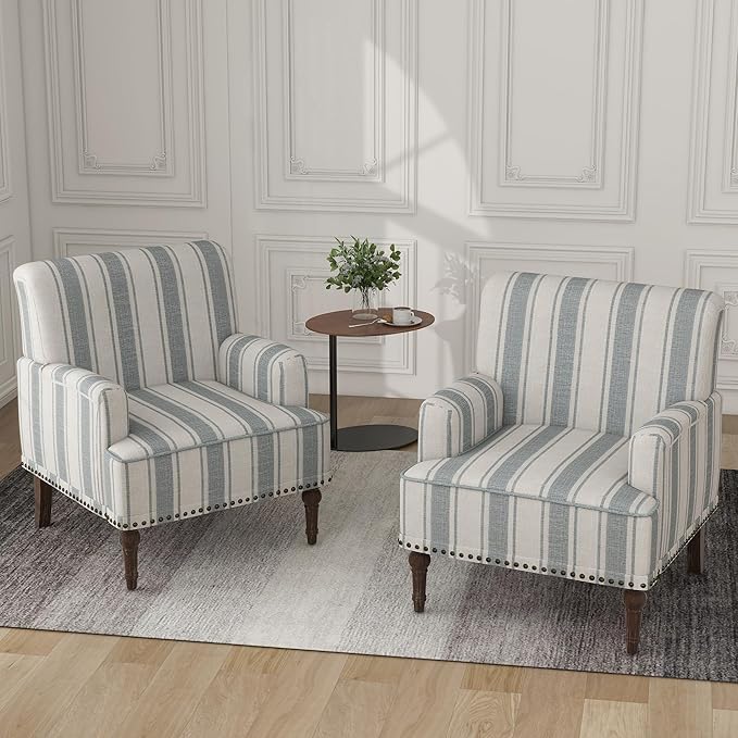Modern Accent Chair with Arms,2 Set Mid Century Stripe Armchair for Living Room,Comfy Linen Fabric Single Sofa for Apartment Bedroom,Comfortable Cushioned Seat for Reading Home Office-Blue Stripe
