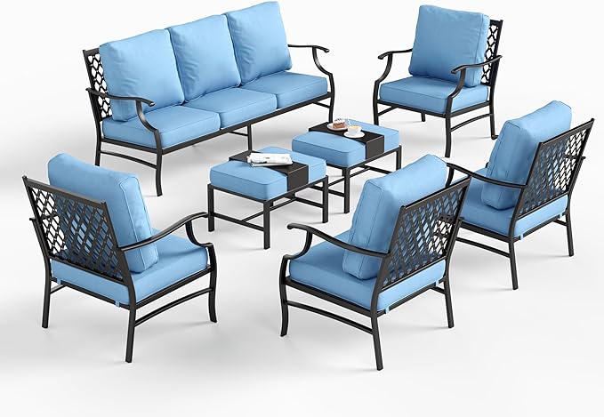 7 Piece Metal Outdoor Patio Furniture Set, Patio Conversation Sets 1 3-seater Sofa, 4 Fixed Chair, 2 Ottomans with 5.75" Thick Cushion, Black All-weather Frame Backyard Furniture, Blue