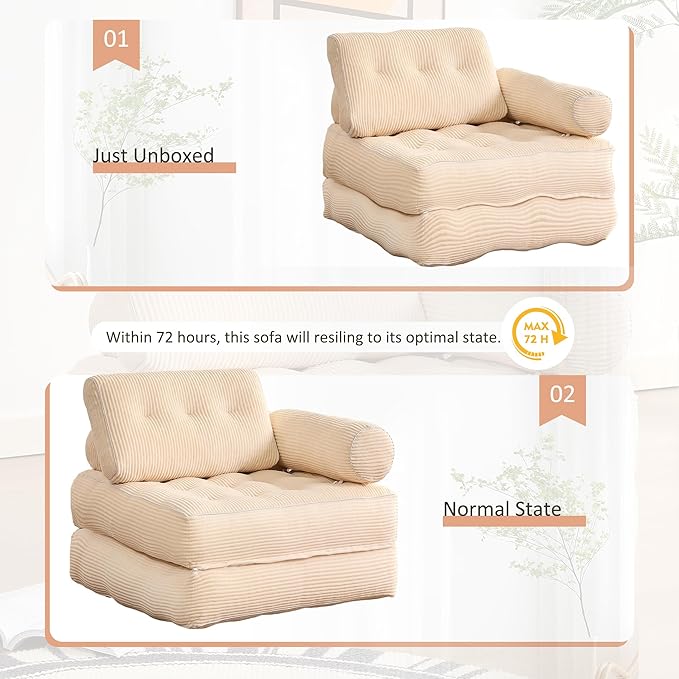Plus Futon Sofa Bed for Small Spaces, Floor Couch with Armrest, Folding Sofa Couch, Convertible Sleeper Chair Bed with Pillow, Portable Comfy Floor Lounge for Living Room and Bedroom,White